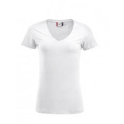 T-shirt femme - Coupe longue - manches courtes - col V - CLIQUE  - Couleur blanc - Personnalisable en petite quantité
