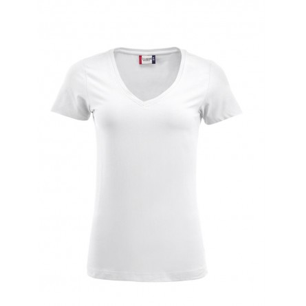 T-shirt femme - Coupe longue - manches courtes - col V - CLIQUE  - Couleur blanc - Personnalisable en petite quantité